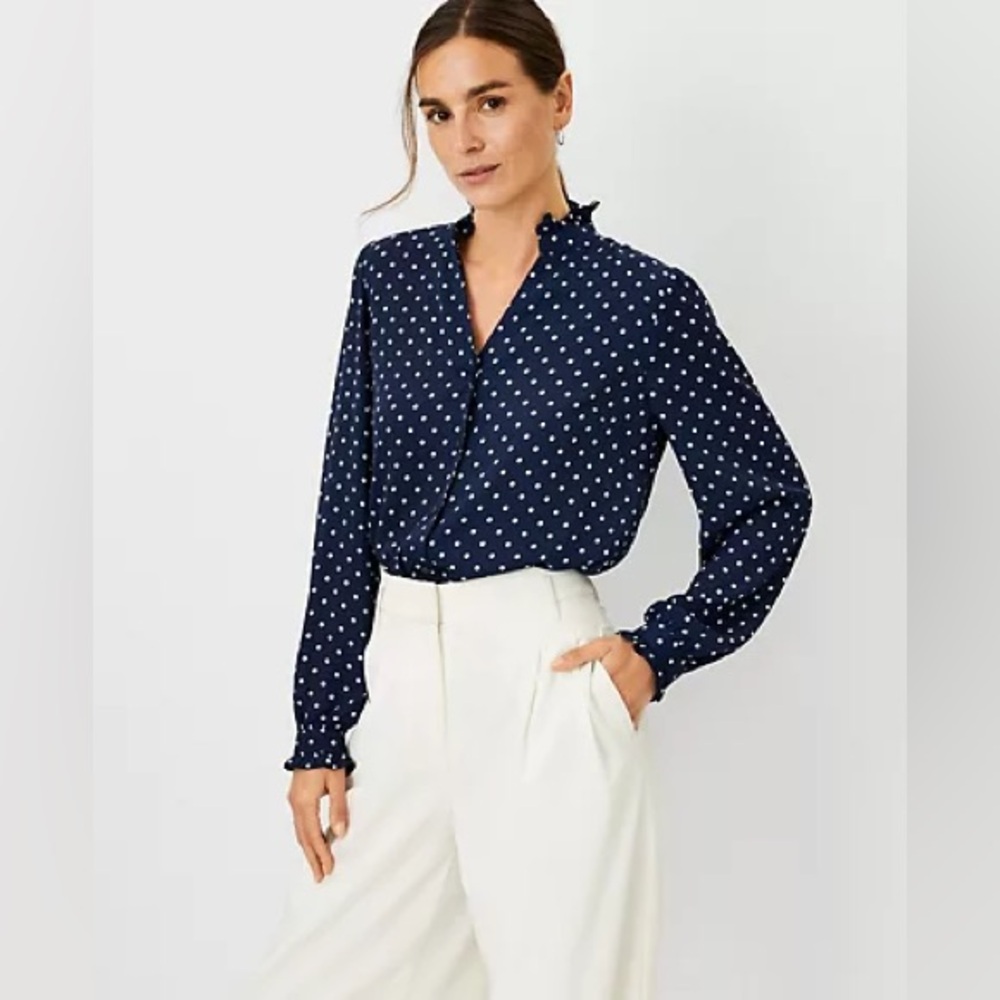 Ann Taylor NWOT Navy and White Dotted Ruffle Button Blouse